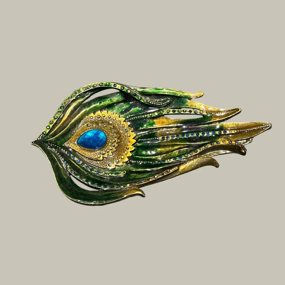 Decorative Peacock Feather Enamel Trinket Dish Green Gold Blue Rhinestone